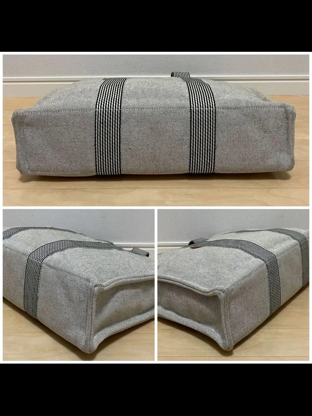 Hermes Gray Canvas Tote with Striped Web Handles